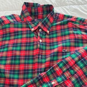 Vineyard Vines Men's Red and Green Plaid Shirt